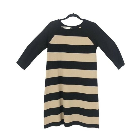 Zara Knit Womens Size Large Beige Black Stripe 3/4 Sleeve Shift Dress - Picture 1 of 3